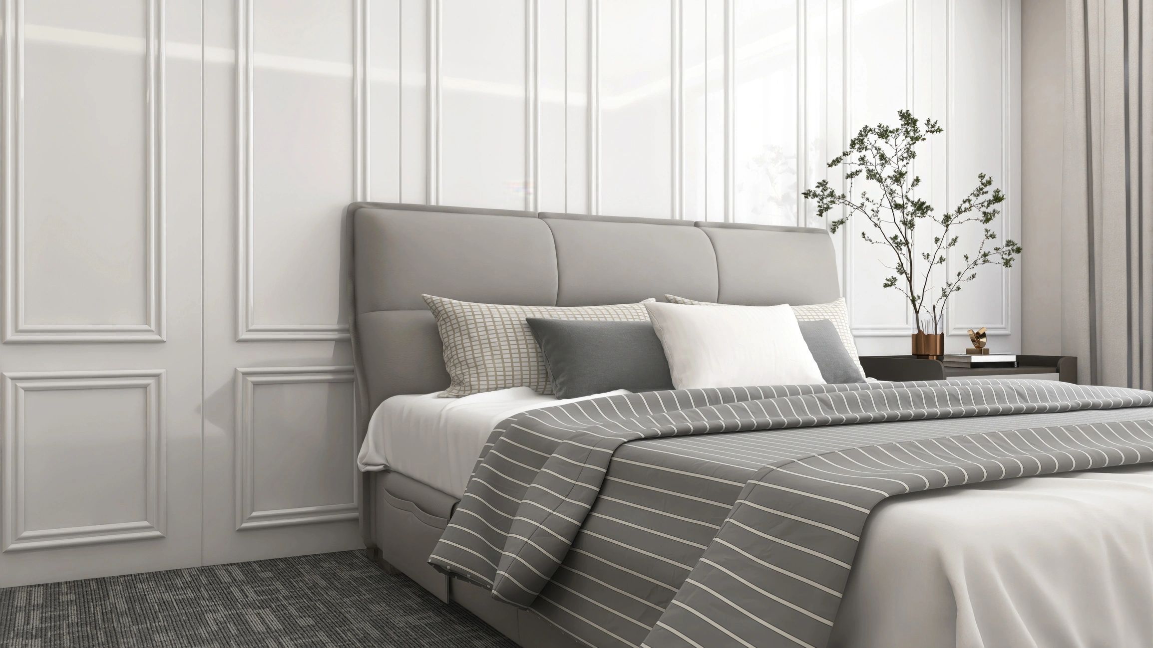 Bedroom scene highlighting a neatly made bed and comfortable sleep setup