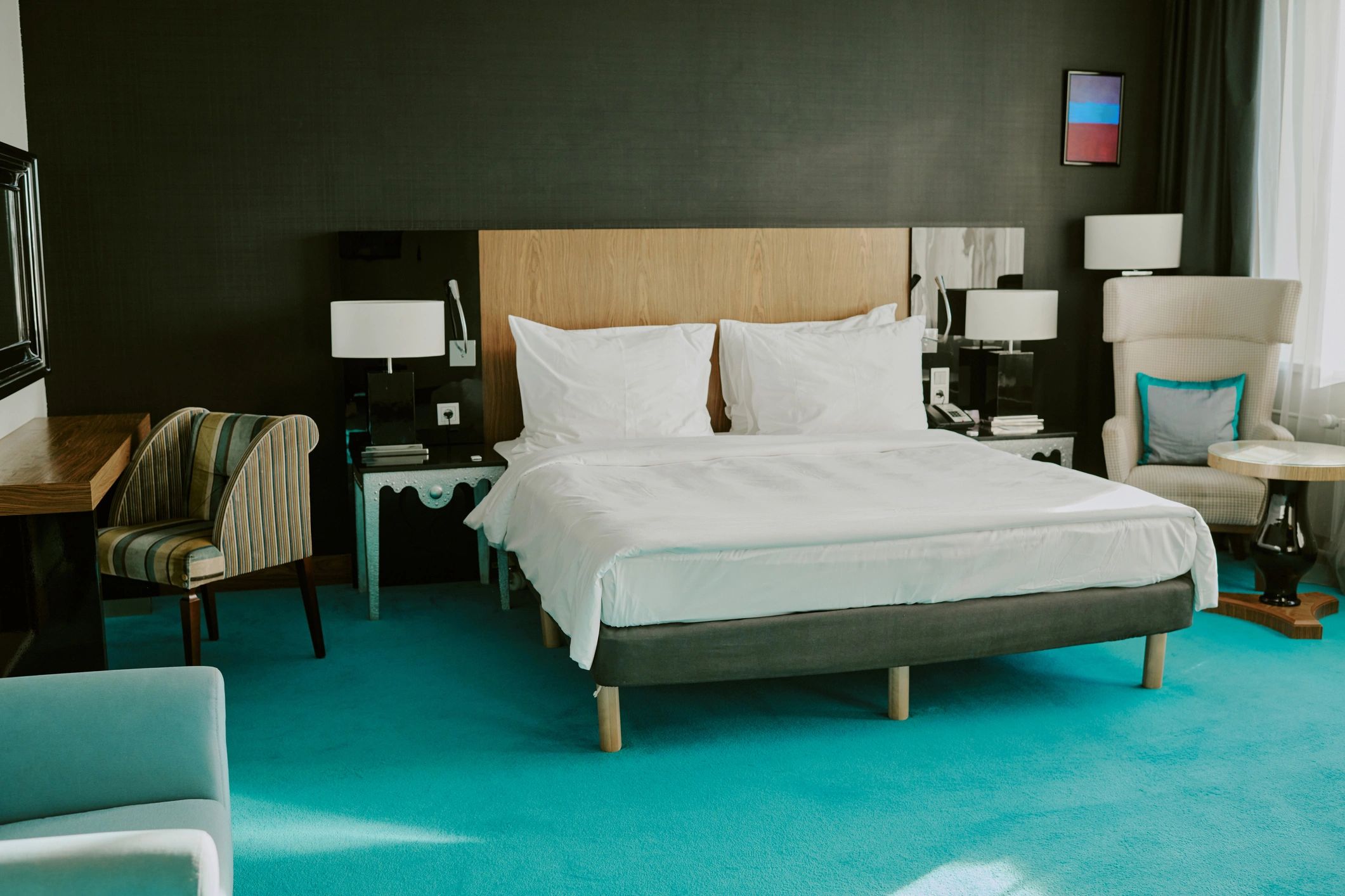 Comfortable bed in a hotel room